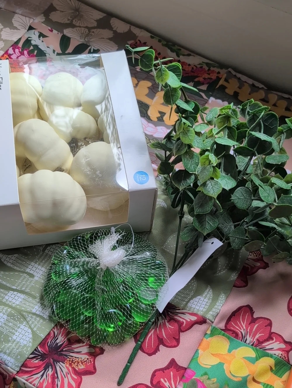 Pumpkin Vase Fillers - Pack of 12, Glass Pebbles And Faux Eucalyptus Plant
